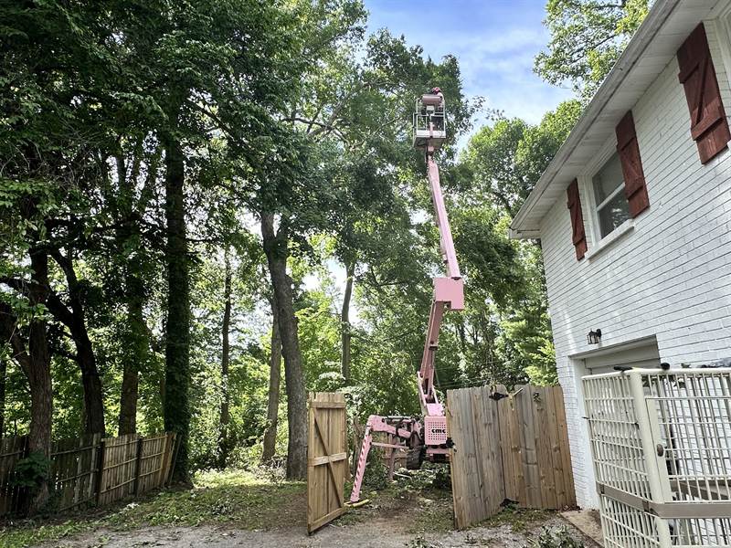 Spider lift working between a fence and a house